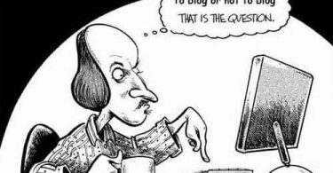Shakespeare staring at his laptop thinking to blog or not to blog that is the question