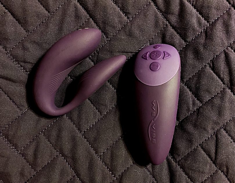 purple we-vibe chorus and remote control sitting on bedspread background - a review for the we-vibe chorus