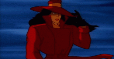 gif of 1991 Carmen Sandiego wearing red coat, red hat and hair waving in the breeze